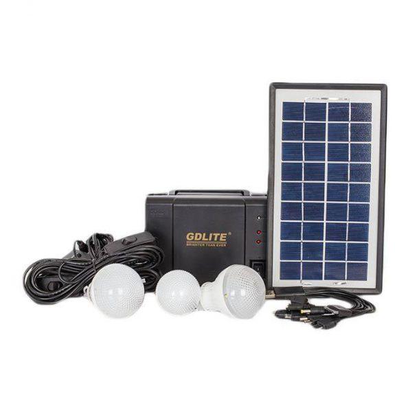 Kit Fotovoltaic cu Panou Solar și Slot USB, GDLite GD-8006A - 3 Becuri LED 3x3W, Acumulator 6V 4Ah