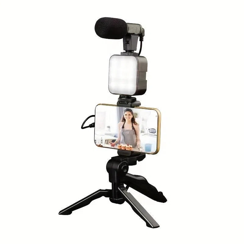 Kit Portabil pentru Vlogging cu Lumină LED și Suport de Mână - Include Clemă Microfon pentru Streaming Live