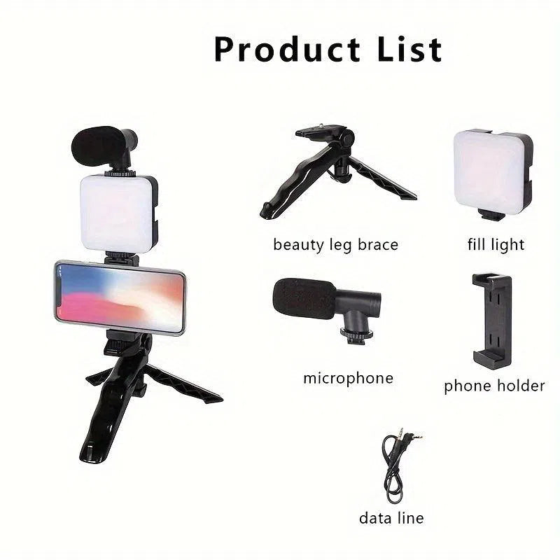 Kit Portabil pentru Vlogging cu Lumină LED și Suport de Mână - Include Clemă Microfon pentru Streaming Live