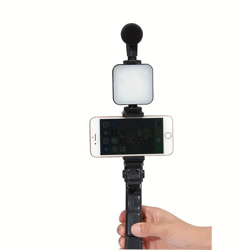 Kit Portabil pentru Vlogging cu Lumină LED și Suport de Mână - Include Clemă Microfon pentru Streaming Live