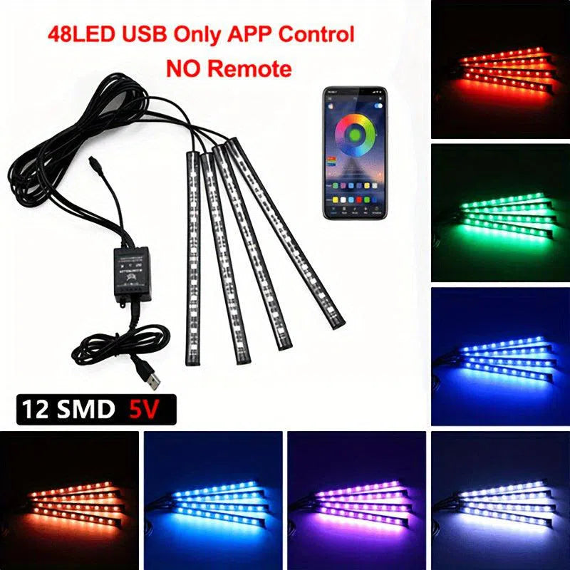 Kit de Iluminat Neon LED RGB pentru Mașină - Benzi Interioare Rezistente la Apă cu Control Muzical și Aplicație la Distanță