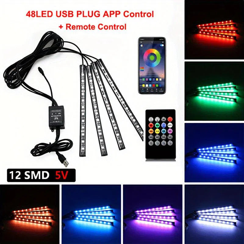 Kit de Iluminat Neon LED RGB pentru Mașină - Benzi Interioare Rezistente la Apă cu Control Muzical și Aplicație la Distanță