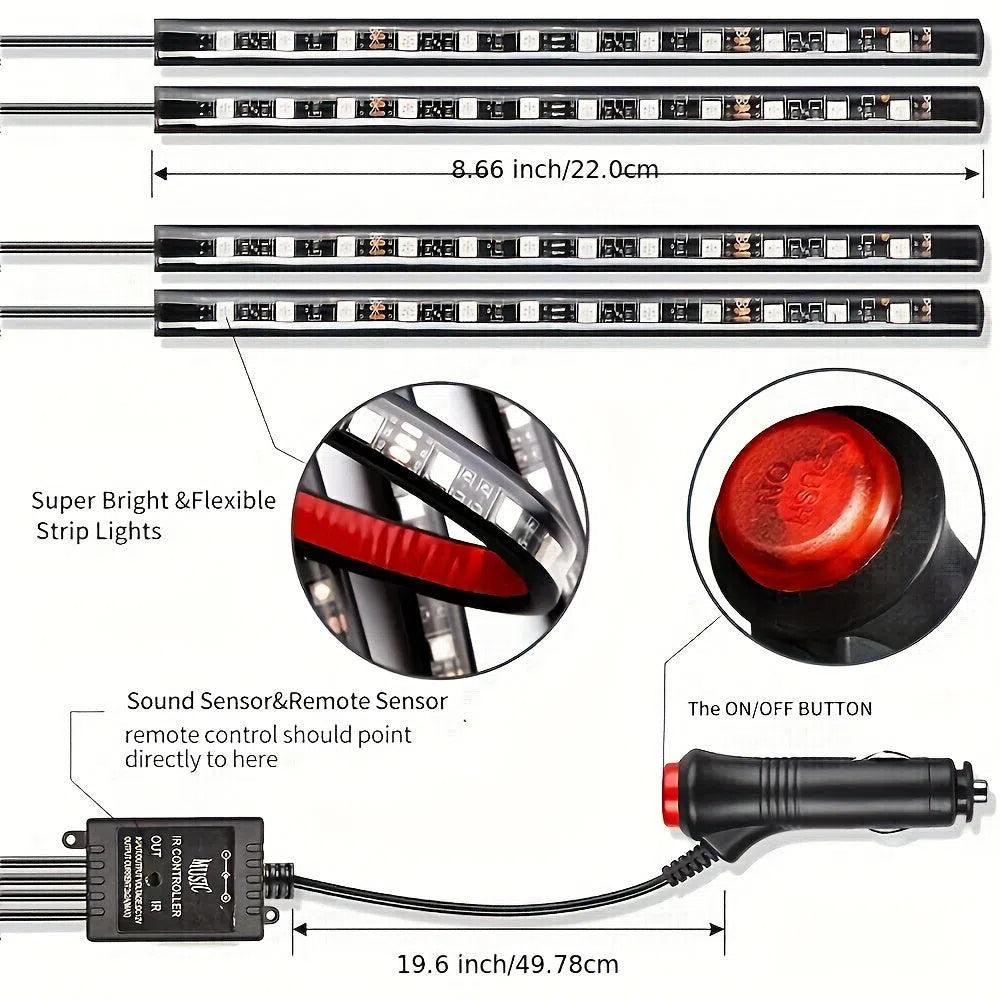 Kit de Iluminat Neon LED RGB pentru Mașină - Benzi Interioare Rezistente la Apă cu Control Muzical și Aplicație la Distanță