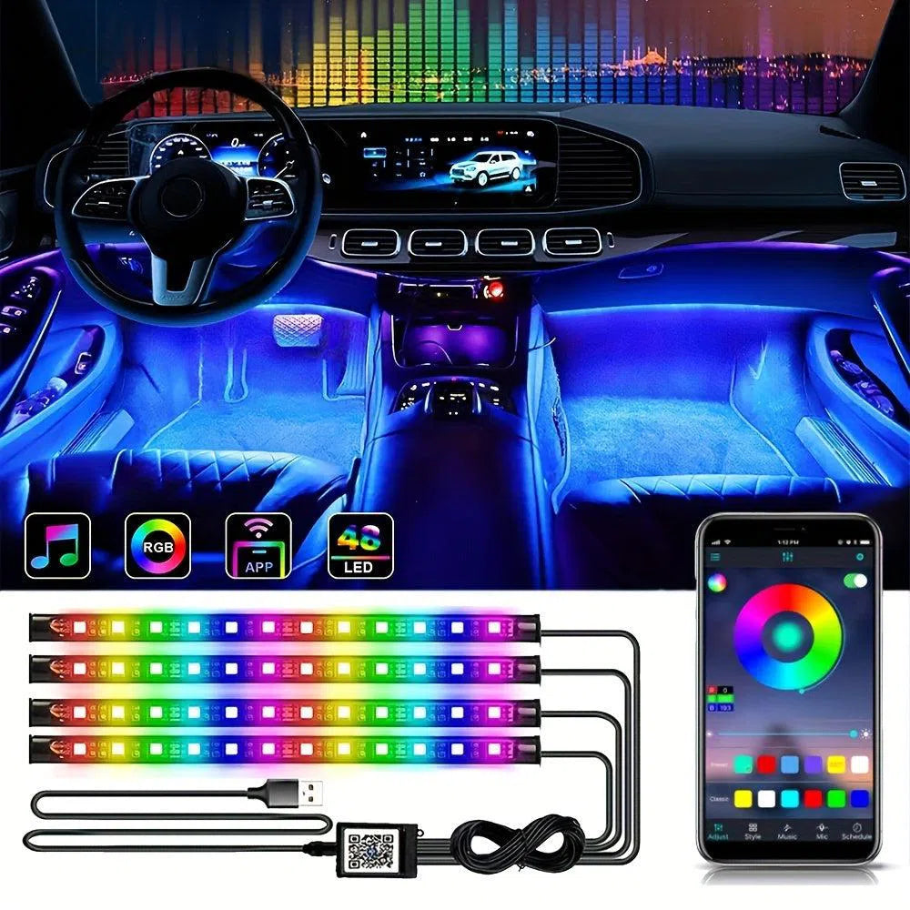 Kit de Iluminat Neon LED RGB pentru Mașină - Benzi Interioare Rezistente la Apă cu Control Muzical și Aplicație la Distanță