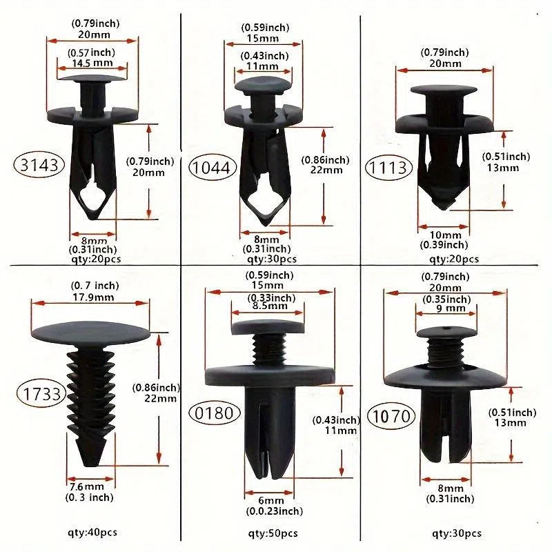 Kit de cleme auto 190 buc – 6 dimensiuni de elemente de fixare din plastic pentru panouri și ornamente