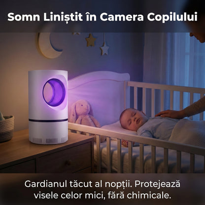 Lampă Anti-Țânțari cu Fotocataliză și Aspirare, Fără Chimicale, Alimentare USB, Acoperire 30mp, Alb