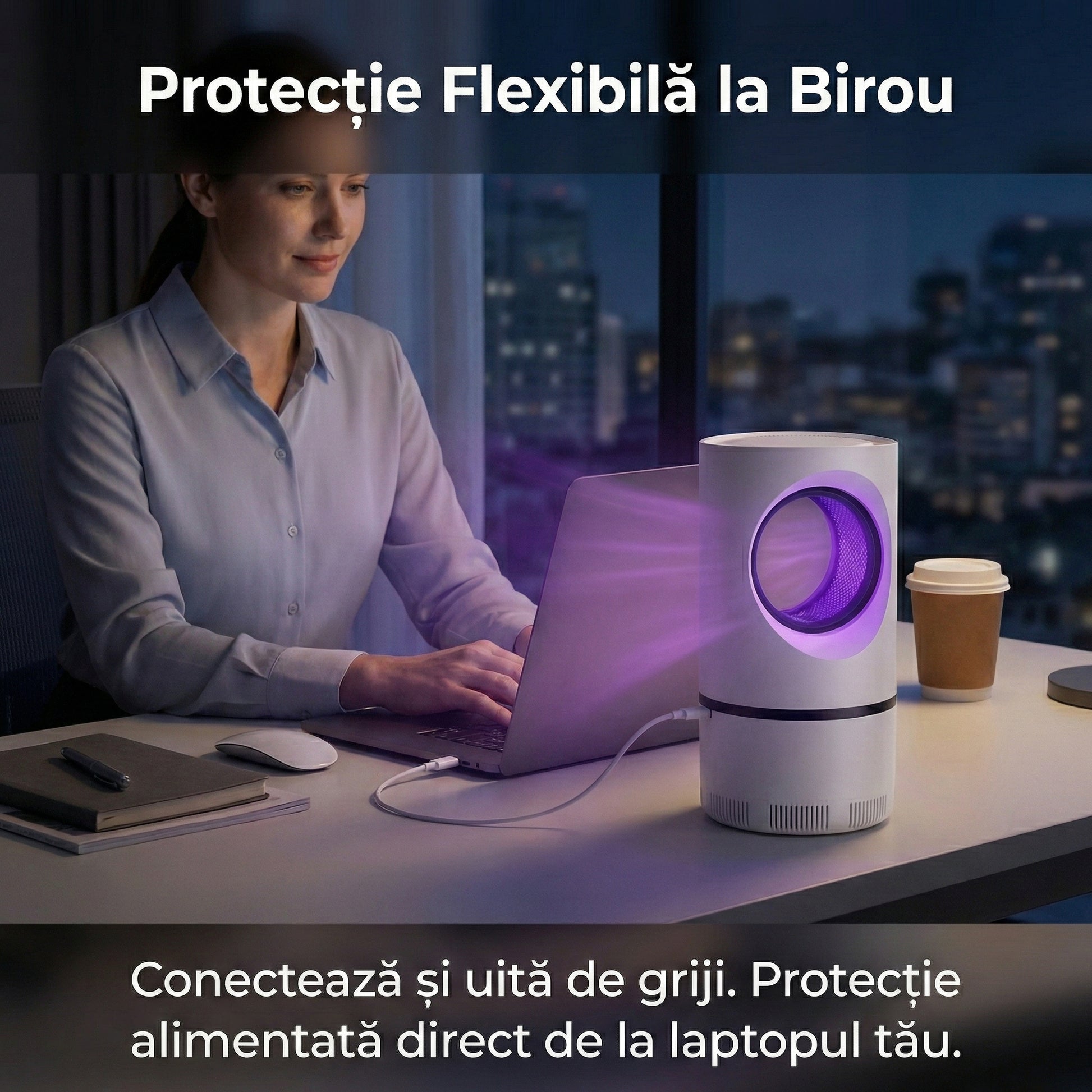 Lampă Anti-Țânțari cu Fotocataliză și Aspirare, Fără Chimicale, Alimentare USB, Acoperire 30mp, Alb