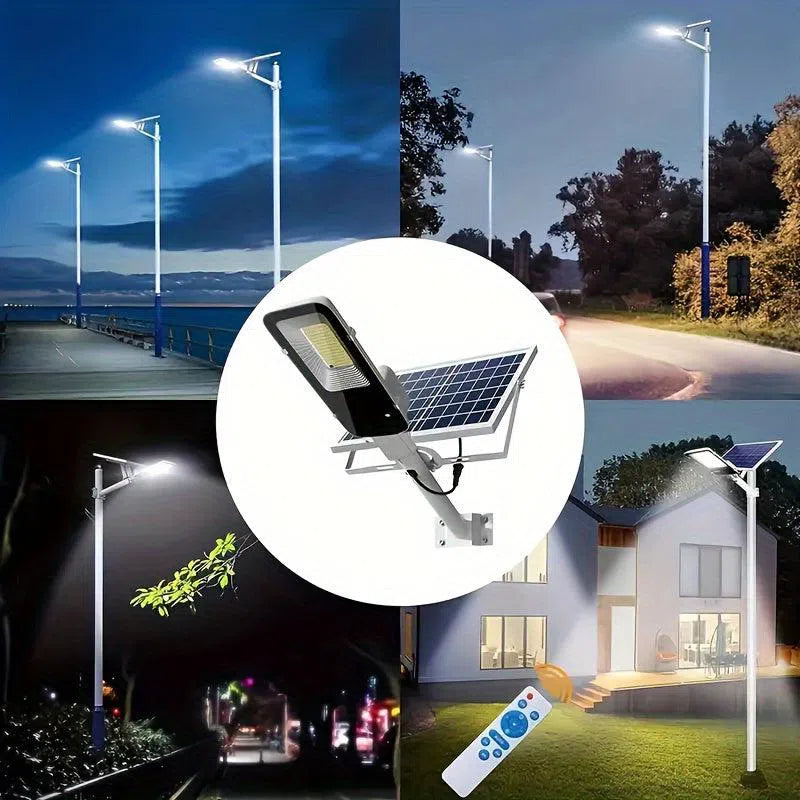 Lampă Lumină stradală solară puternică 350 LED, impermeabilă IP65, 6500K - ideală pentru garaj, grădină și terasă