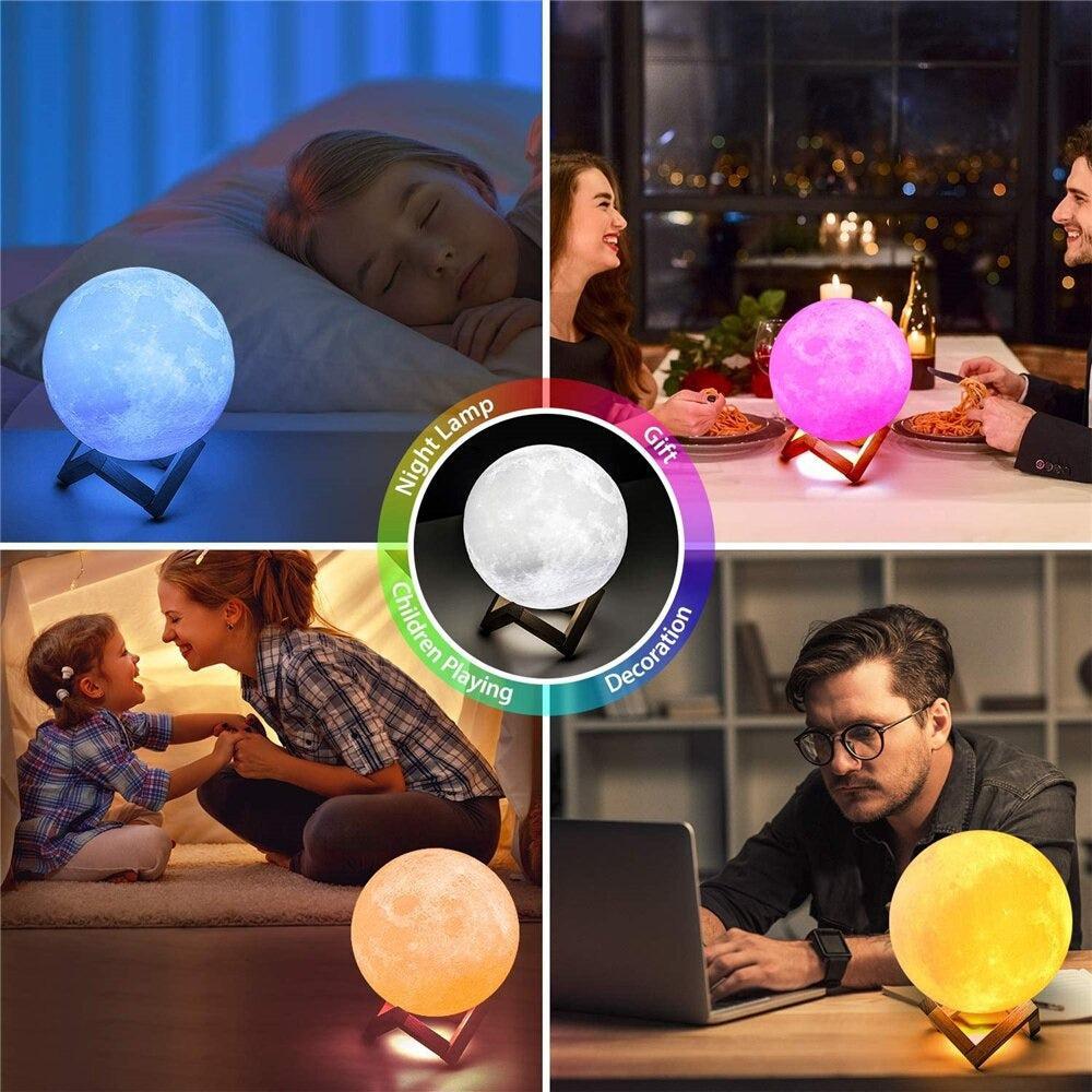 Lampa Luna 3D Multicoloră RGB, 16 culori, 15 cm, touch control + stativ din lemn