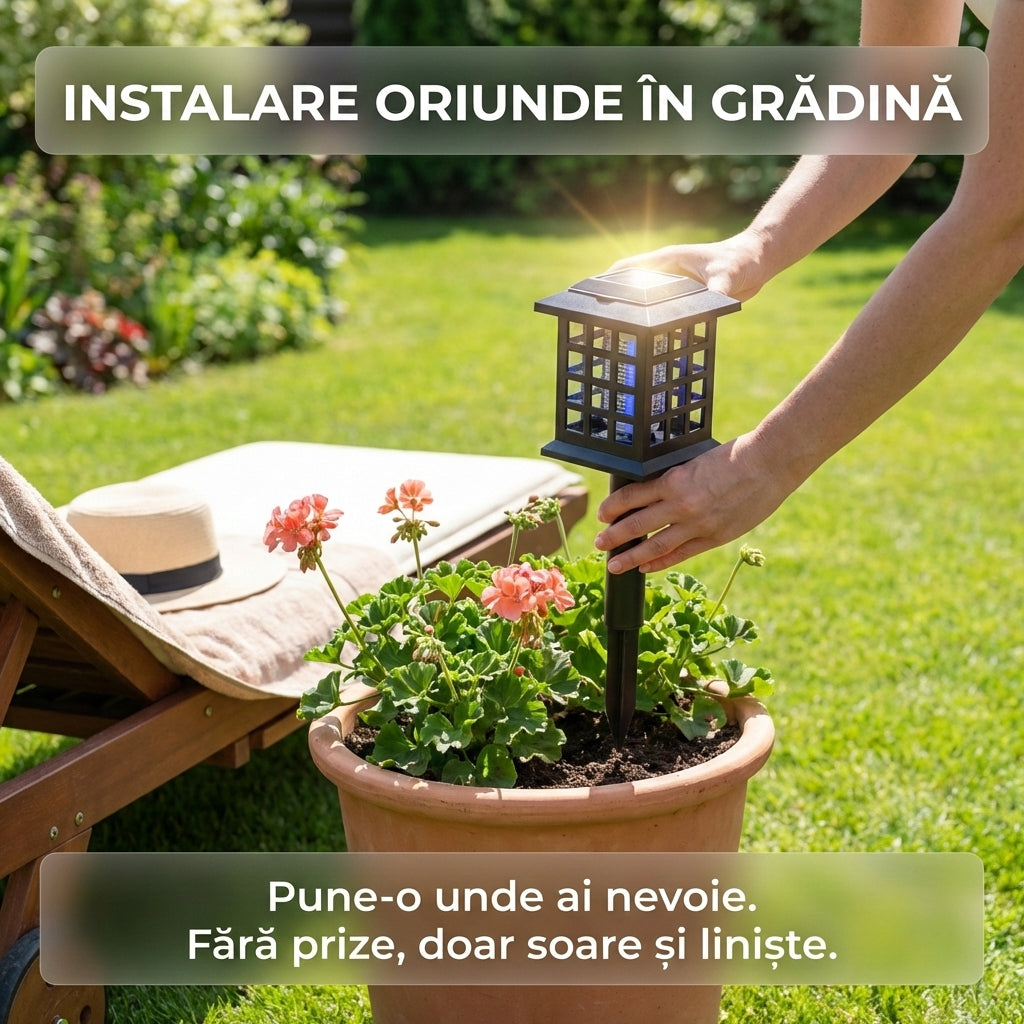 Lampă Solară Anti-Insecte 2-în-1 "Solar Monster Zapper", Lumină UV, Șoc 2800V, Fără Chimicale, Negru