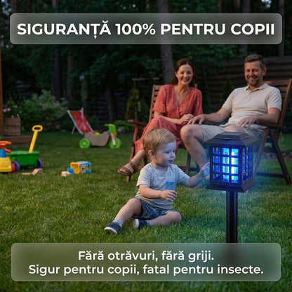 Lampă Solară Anti-Insecte 2-în-1 "Solar Monster Zapper", Lumină UV, Șoc 2800V, Fără Chimicale, Negru