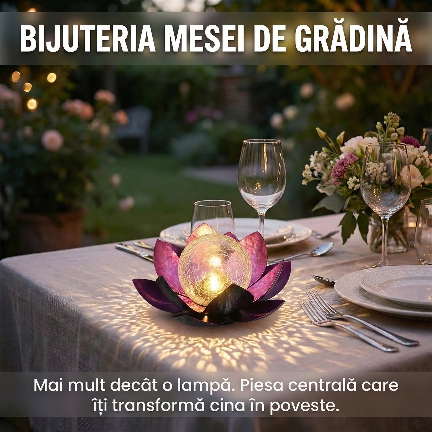 Lampă Solară Decorativă Grădină Tip Floare de Lotus, Metal și Glob de Sticlă Cracată, Efect Luminos Cald, Mov, 27 cm