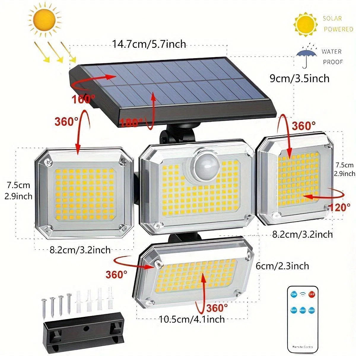 Lampa Solară LED cu Control la Distanță – 4 Capete, Senzor de Mișcare, 270° Unghi Larg, 3 Moduri de Iluminare