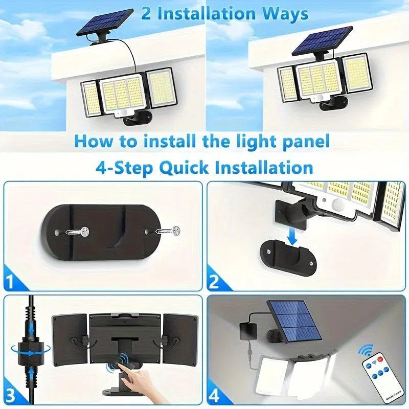 Lampă Solară cu Senzor de Mișcare LED 348 – Luminozitate Ridicată, Multi-unghi Reglabil, Telecomandă, 3 Moduri de Iluminare, Montaj Exterior IP65