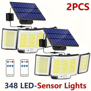 Lampă Solară cu Senzor de Mișcare LED 348 – Luminozitate Ridicată, Multi-unghi Reglabil, Telecomandă, 3 Moduri de Iluminare, Montaj Exterior IP65