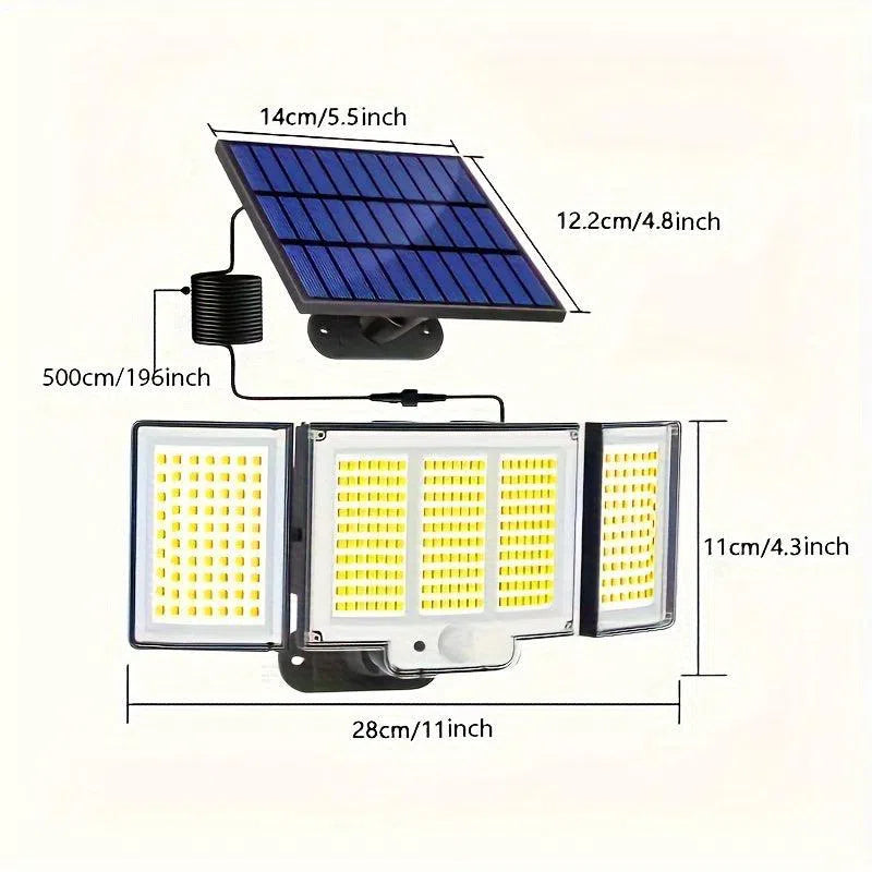 Lampă Solară cu Senzor de Mișcare LED 348 – Luminozitate Ridicată, Multi-unghi Reglabil, Telecomandă, 3 Moduri de Iluminare, Montaj Exterior IP65