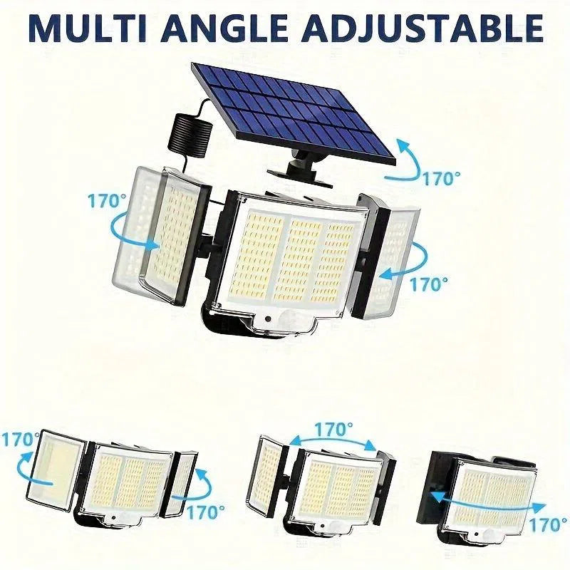 Lampă Solară cu Senzor de Mișcare LED 348 – Luminozitate Ridicată, Multi-unghi Reglabil, Telecomandă, 3 Moduri de Iluminare, Montaj Exterior IP65