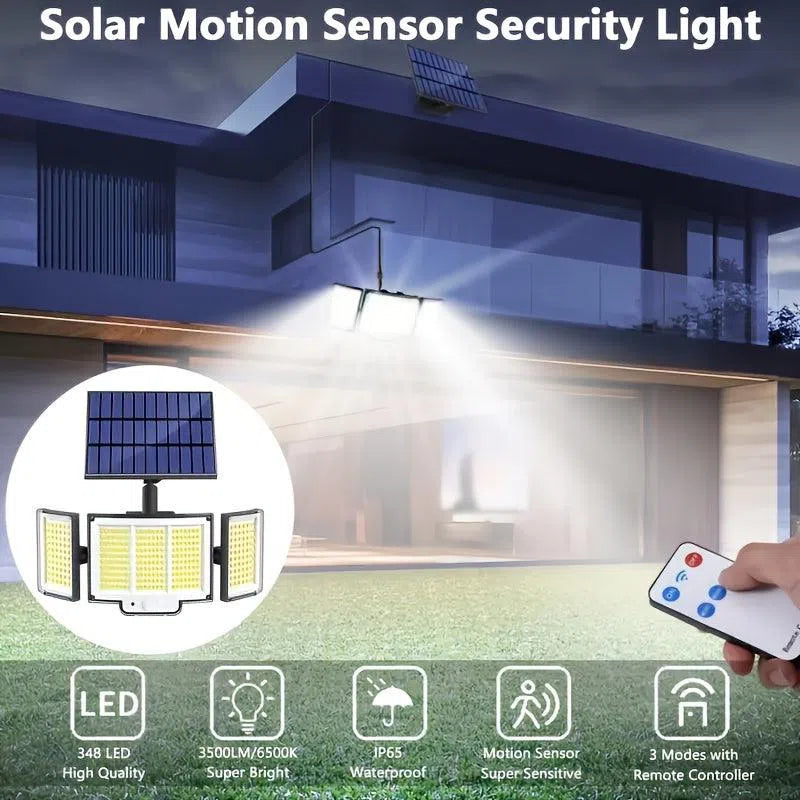 Lampă Solară cu Senzor de Mișcare LED 348 – Luminozitate Ridicată, Multi-unghi Reglabil, Telecomandă, 3 Moduri de Iluminare, Montaj Exterior IP65