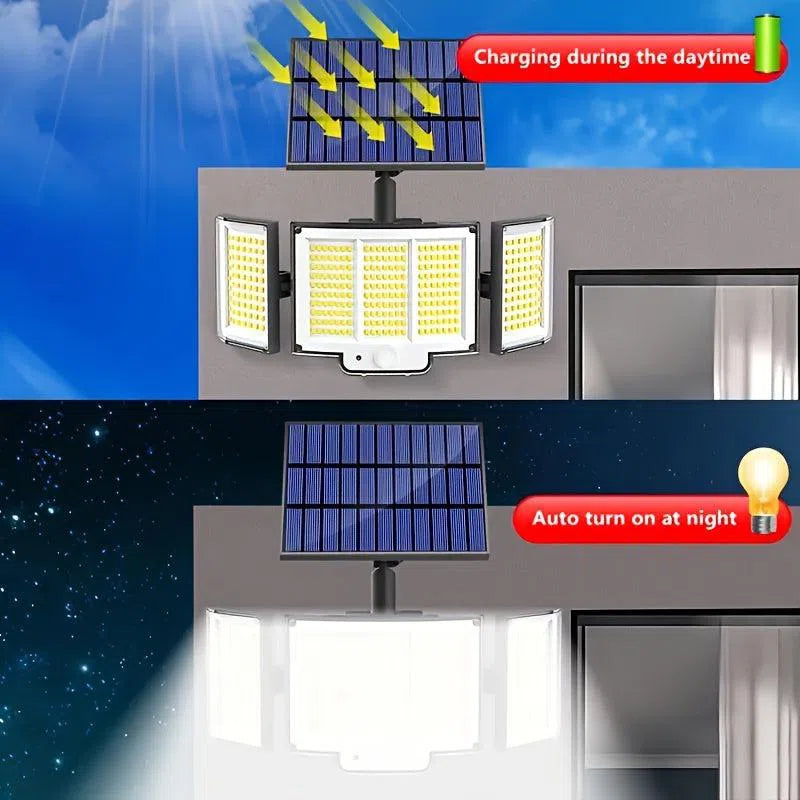 Lampă Solară cu Senzor de Mișcare LED 348 – Luminozitate Ridicată, Multi-unghi Reglabil, Telecomandă, 3 Moduri de Iluminare, Montaj Exterior IP65