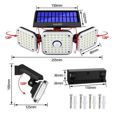 Lampa Solară de Perete cu Trei Capete Ajustabile, 270°, 112 LED-uri, IP65