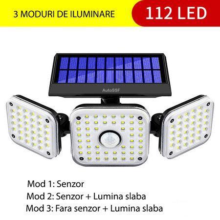 Lampa Solară de Perete cu Trei Capete Ajustabile, 270°, 112 LED-uri, IP65