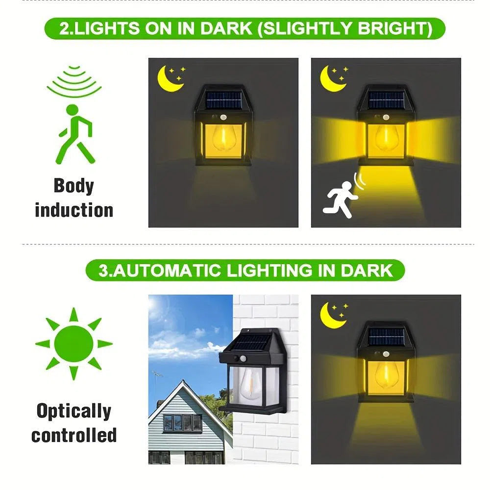 Lampă Solară de Perete cu Wolfram - 3 Moduri de Iluminare, Senzor de Mișcare, Ideală pentru Grădină și Curte