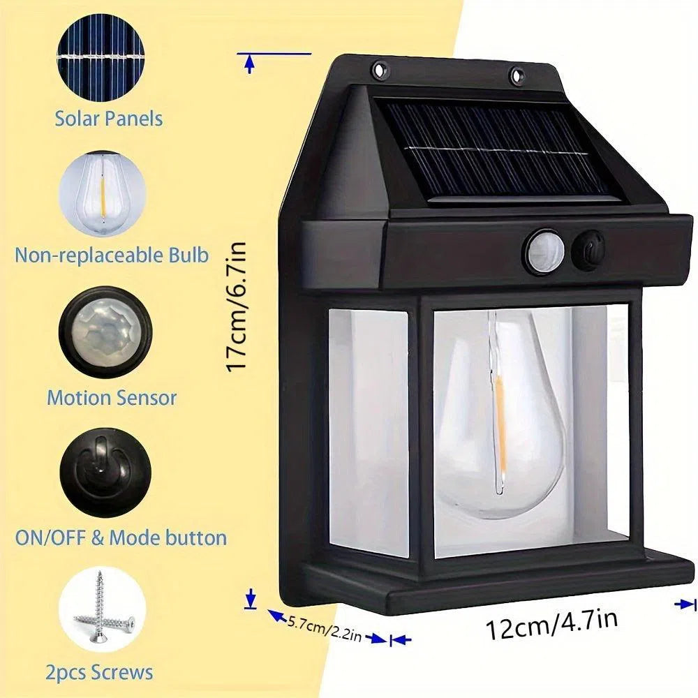 Lampă Solară de Perete cu Wolfram - 3 Moduri de Iluminare, Senzor de Mișcare, Ideală pentru Grădină și Curte