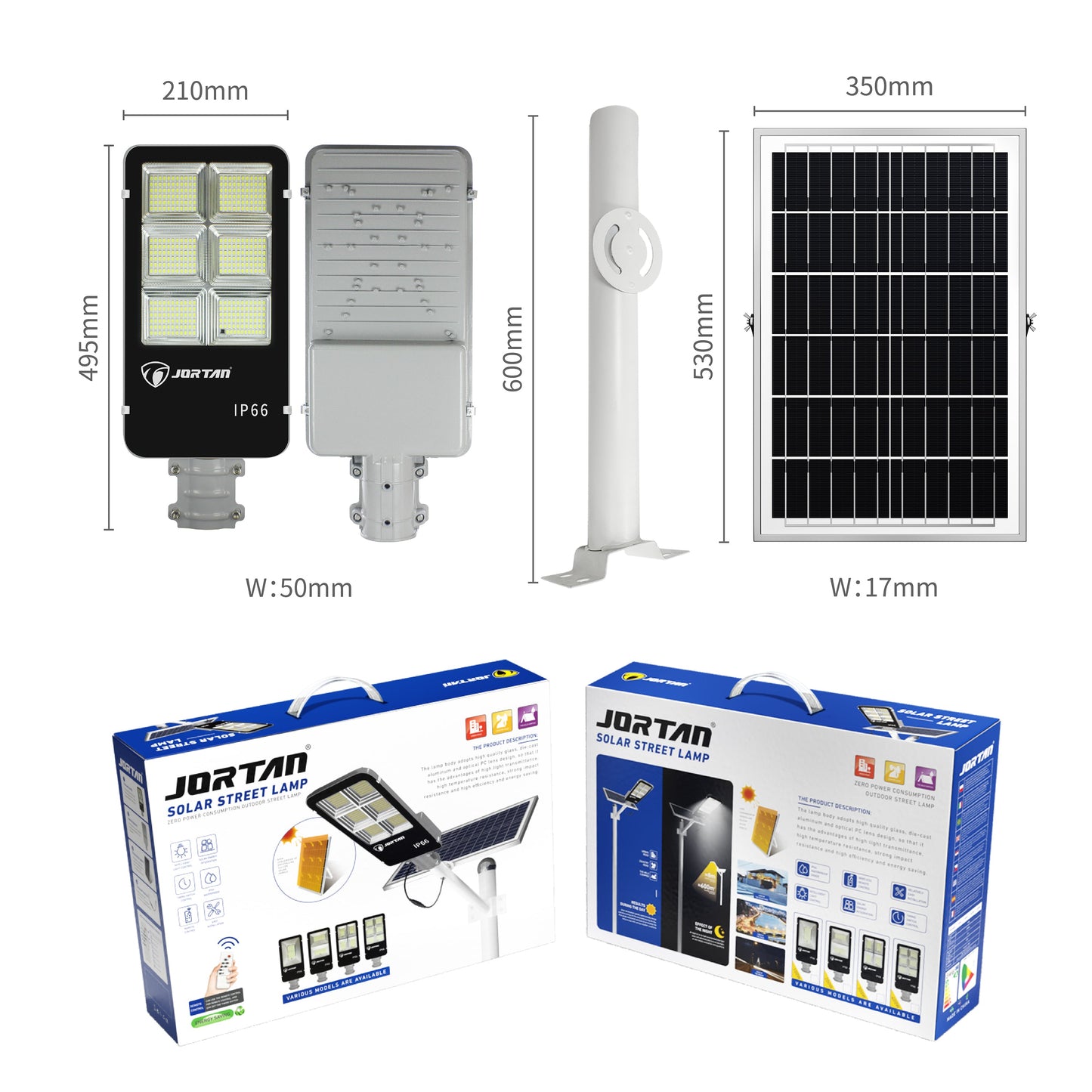 Lampă Stradală Solară Jortan „Toothbrush” 400W, 2000LM, 396 LED 5730, Telecomandă + Fotocelulă, IP66 (Gri)