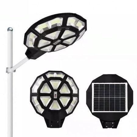 Lampa Stradala cu Incarcare Solara , Putere mare 1000W, 894 LED, Senzor de Lumina si Senzor de Miscare, Telecomanda, Brat de Sustinere din Otel 50 cm Lungime Inclus