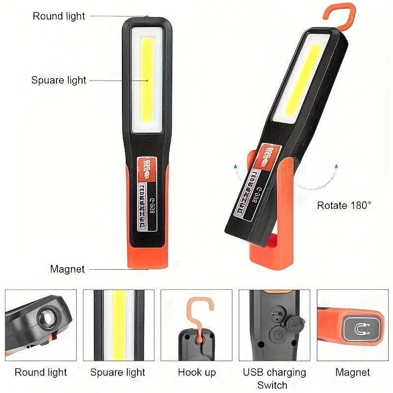 Lampă de lucru COB cu LED, reîncărcabilă prin USB, cu suport magnetic și lumină suspendată