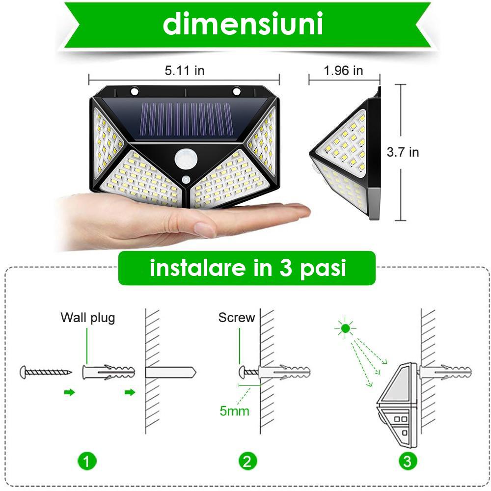 Lampa solara LED cu 4 cadrane 100 leduri senzor de miscare si lumina unghi larg 270 gr