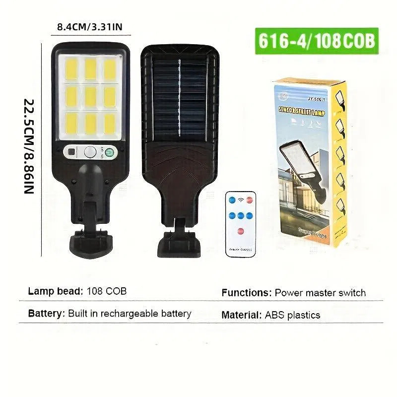 Lămpi Stradale cu Senzor Solar 108COB – Senzor de Mișcare, Telecomandă, 3 Moduri de Iluminare, Ideal pentru Exterior, Curți și Garaje