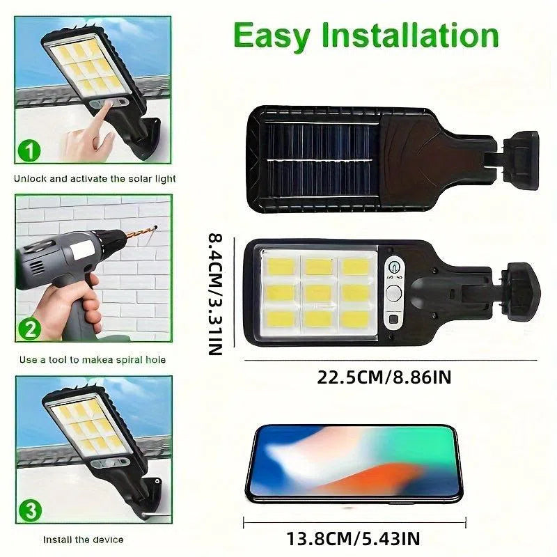 Lămpi Stradale cu Senzor Solar 108COB – Senzor de Mișcare, Telecomandă, 3 Moduri de Iluminare, Ideal pentru Exterior, Curți și Garaje