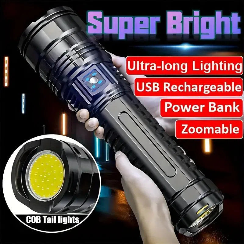 Lanternă reîncărcabilă cu zoom telescopic, USB-C, luminozitate mare și baterie litiu - perfectă pentru camping și pescuit