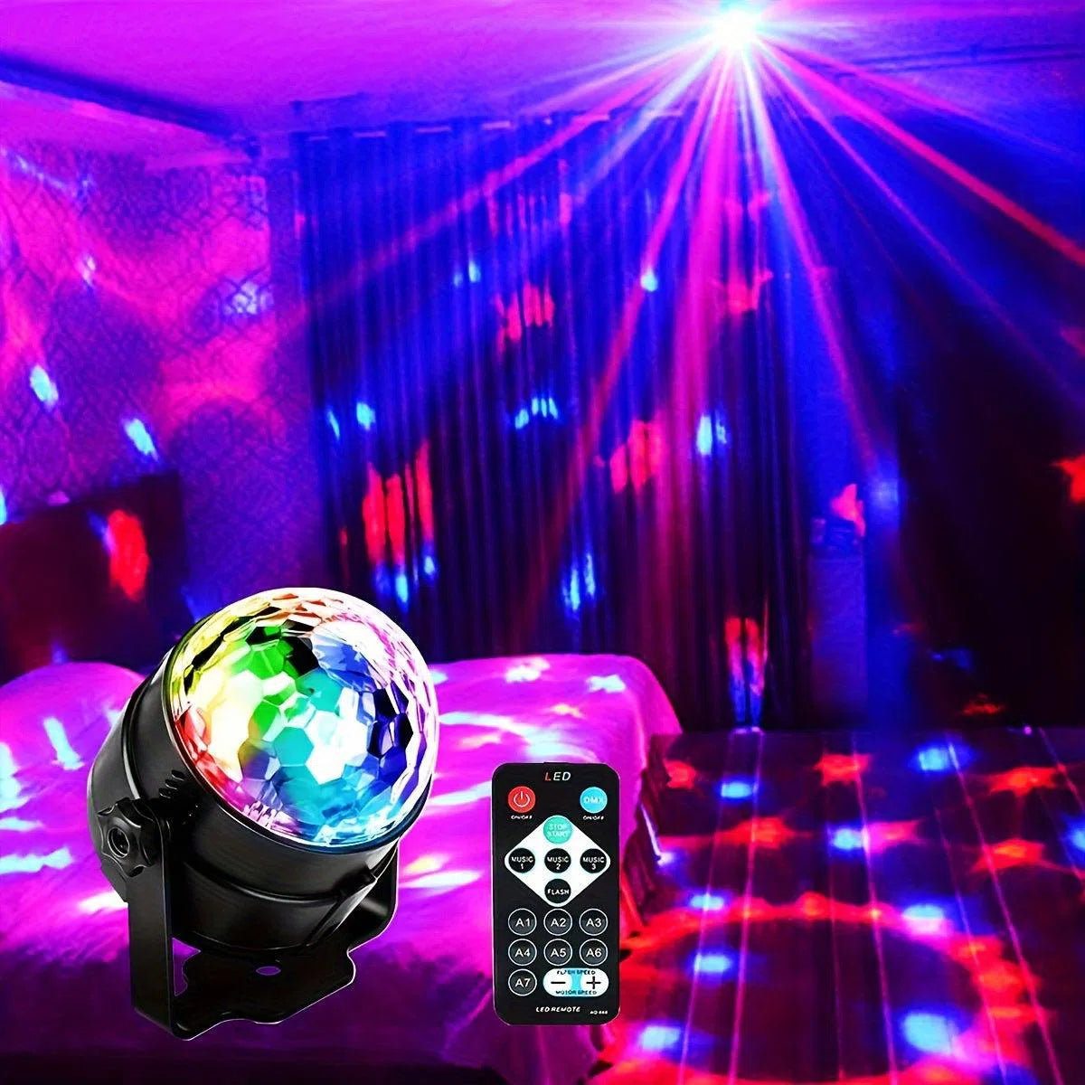 Lumină Disco cu Bile RGB Activate de Sunet - 7 Moduri, Control de la Distanță, Perfecte pentru Petreceri și Decor