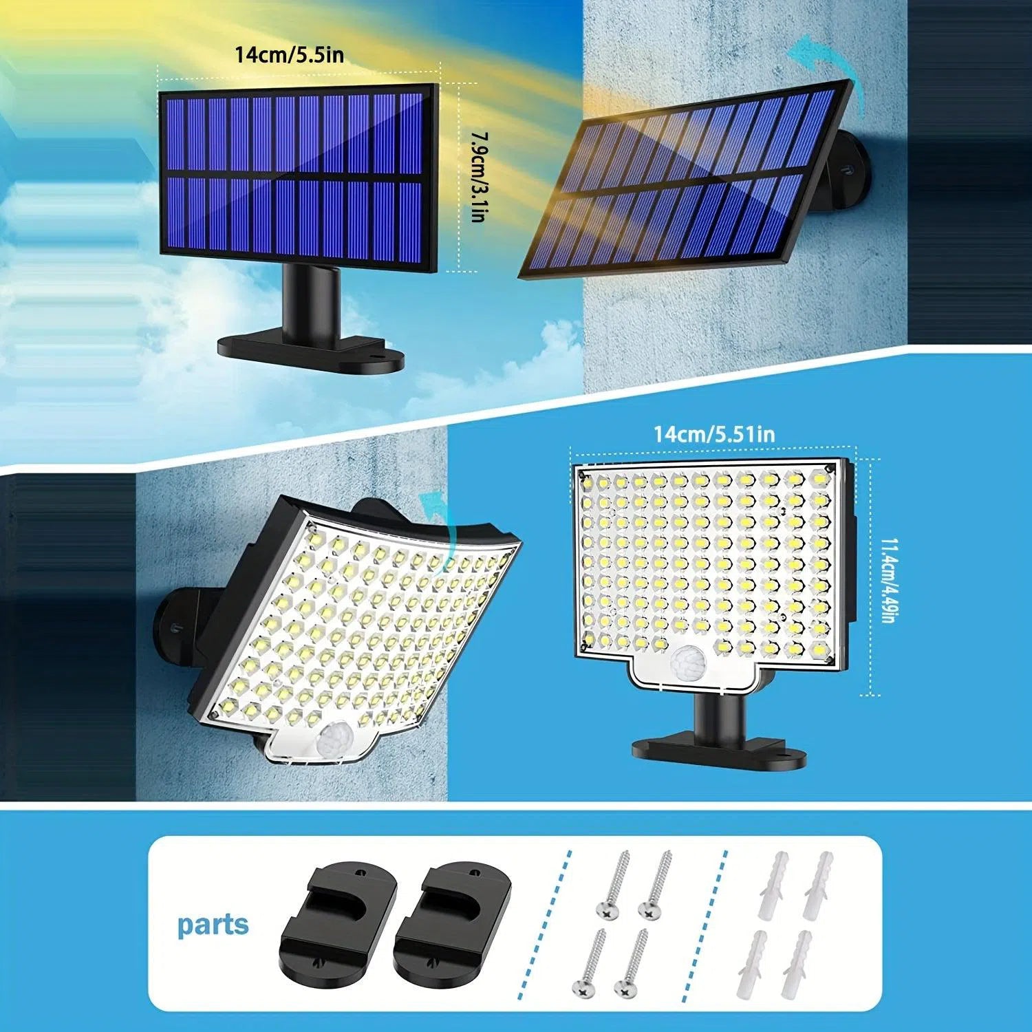 Lumină Solară Exterioară cu 106 LED-uri și Senzor de Mișcare - Unghi de 120°, Cablu de 5m