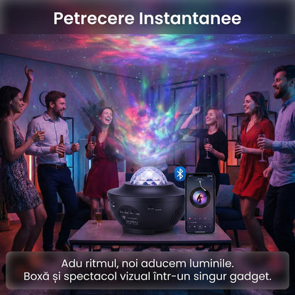 Lumină de Noapte și Proiector Stele LED, Boxă Bluetooth 5.0 Integrată, Telecomandă, 10 Moduri de Proiecție 360°, Timer, Negru