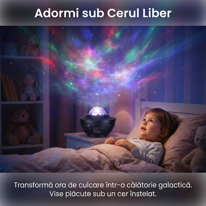 Lumină de Noapte și Proiector Stele LED, Boxă Bluetooth 5.0 Integrată, Telecomandă, 10 Moduri de Proiecție 360°, Timer, Negru
