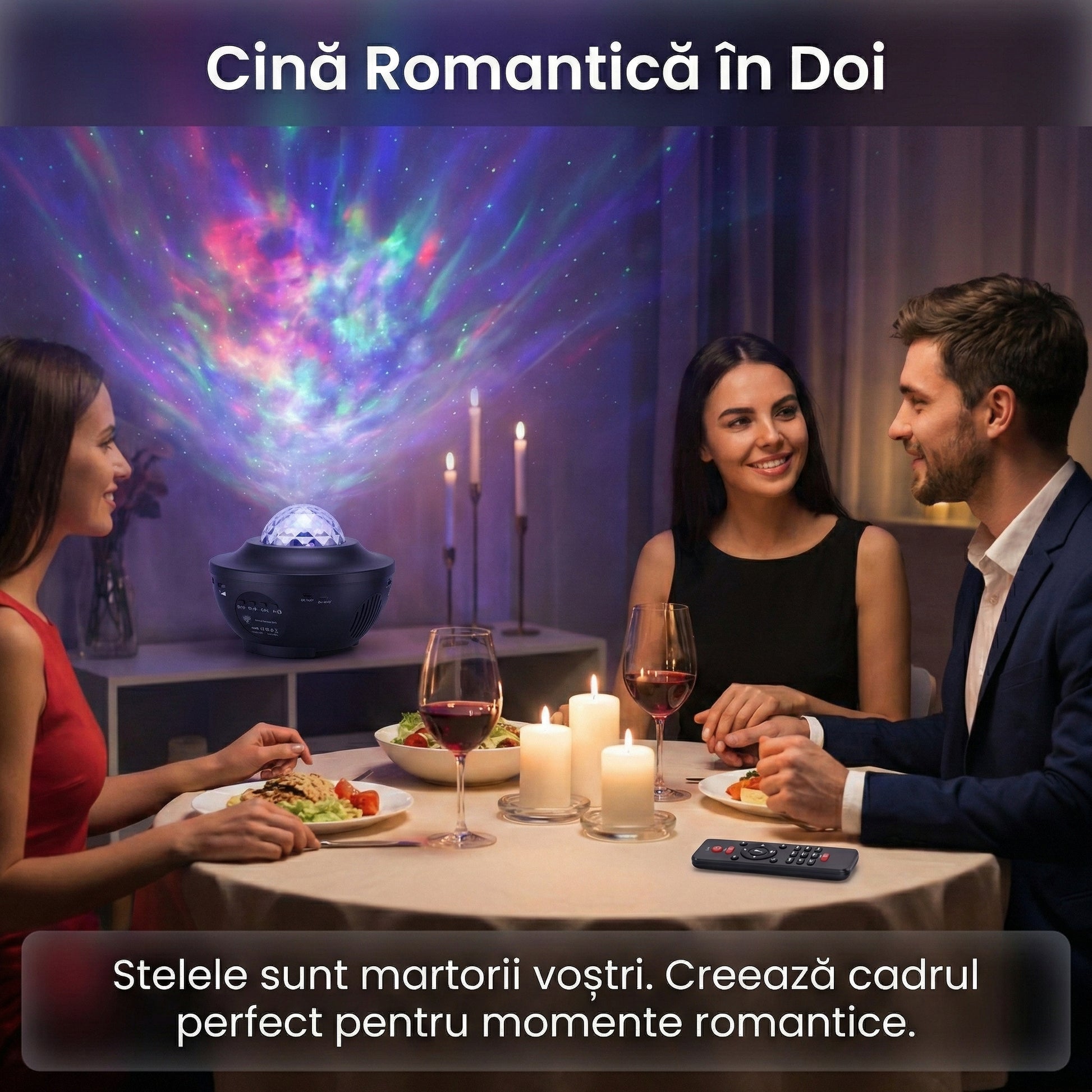 Lumină de Noapte și Proiector Stele LED, Boxă Bluetooth 5.0 Integrată, Telecomandă, 10 Moduri de Proiecție 360°, Timer, Negru