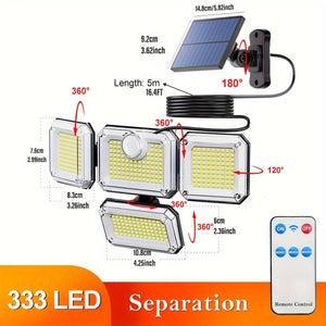 Lumină solară de exterior 200W cu 333 LED-uri, senzor de mișcare și telecomandă