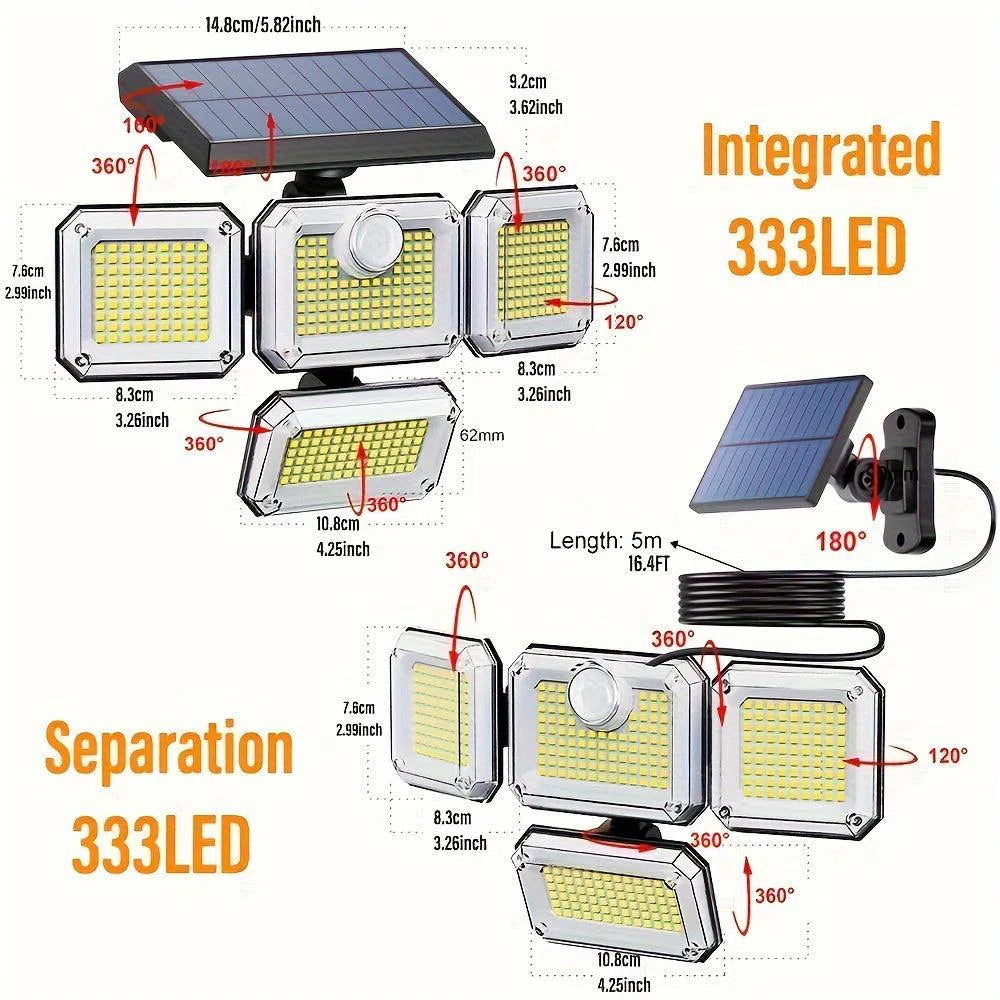 Lumină solară de exterior 200W cu 333 LED-uri, senzor de mișcare și telecomandă