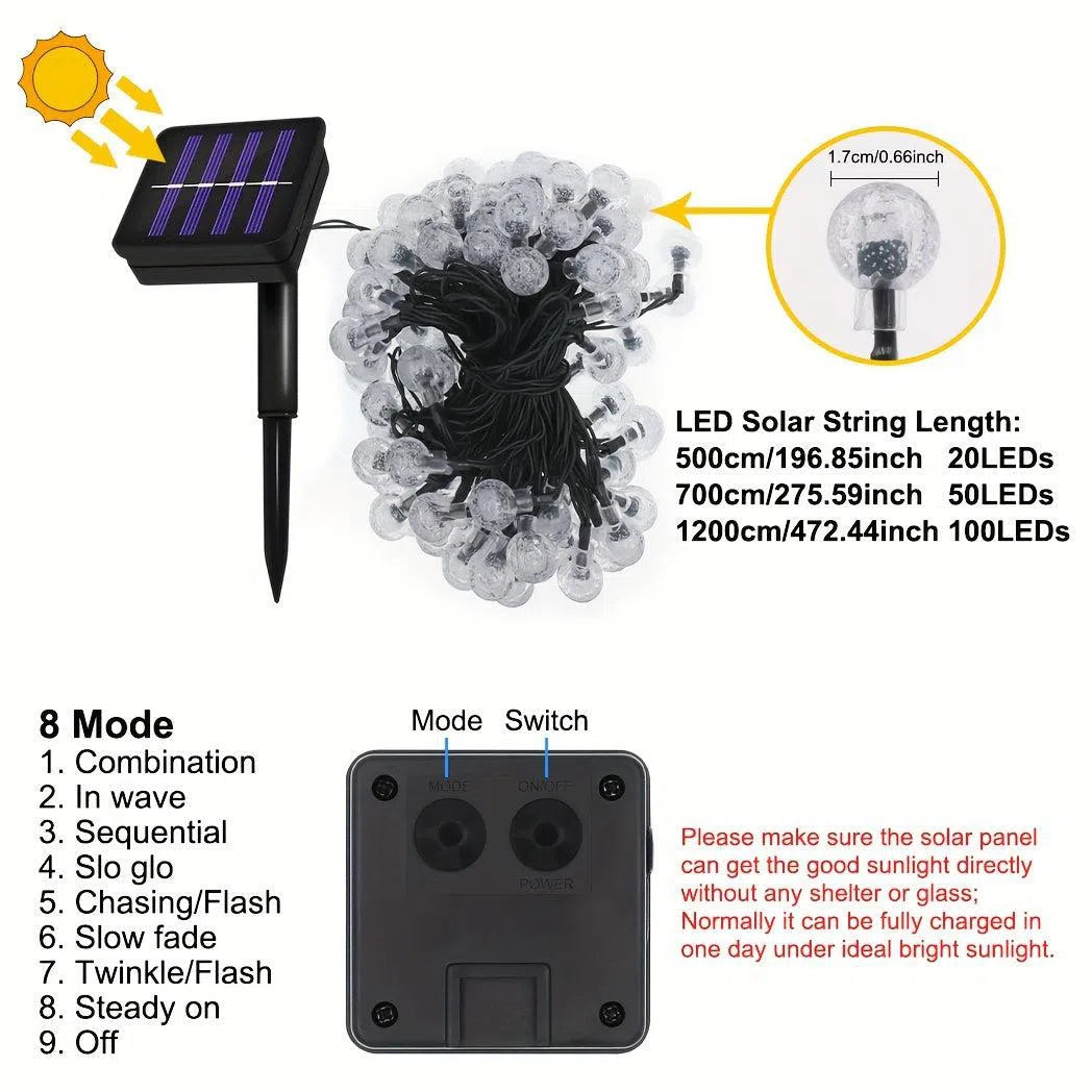 Luminite Solare Ghirlanda Globuri de Cristal - 20/50/100 LED-uri, 5/7/12m, 8 Moduri de Iluminare, Pentru Grădină și Petreceri