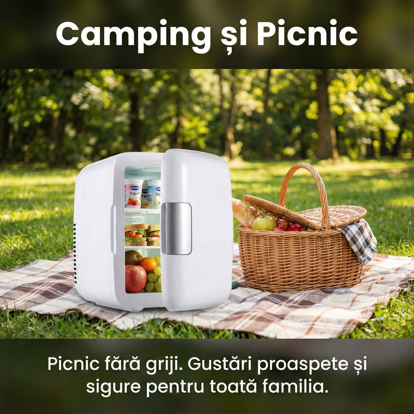 Mini Frigider Auto Portabil 4L, Alimentare Duală 12V/220V, Răcire Eficientă, Ideal Camping și Călătorii, Negru