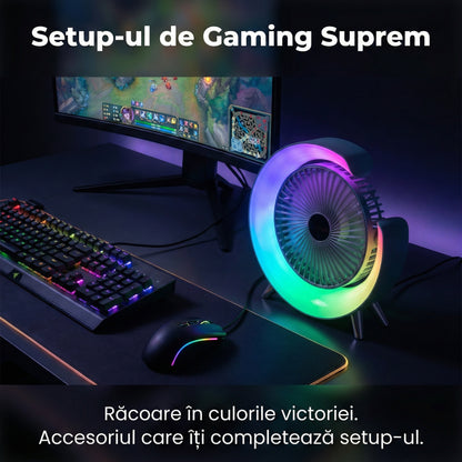 Mini Ventilator Portabil Tip Aer Condiționat, Iluminare LED 5 Moduri, Ajustabil 180°, Alimentare USB-C, Silențios, Alb