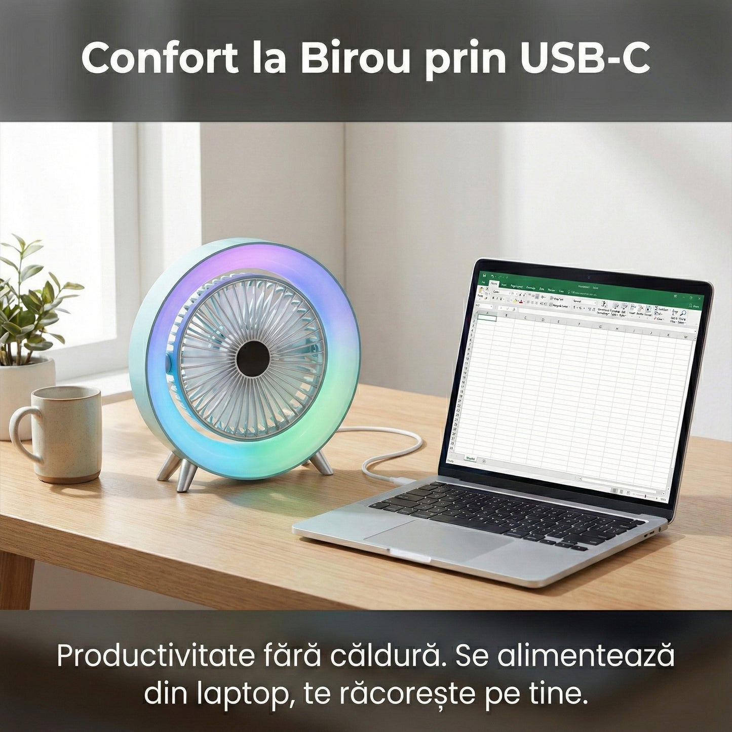 Mini Ventilator Portabil Tip Aer Condiționat, Iluminare LED 5 Moduri, Ajustabil 180°, Alimentare USB-C, Silențios, Alb