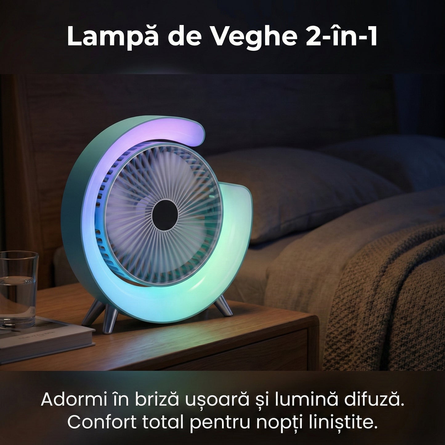 Mini Ventilator Portabil Tip Aer Condiționat, Iluminare LED 5 Moduri, Ajustabil 180°, Alimentare USB-C, Silențios, Alb