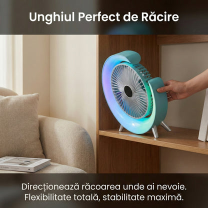 Mini Ventilator Portabil Tip Aer Condiționat, Iluminare LED 5 Moduri, Ajustabil 180°, Alimentare USB-C, Silențios, Alb