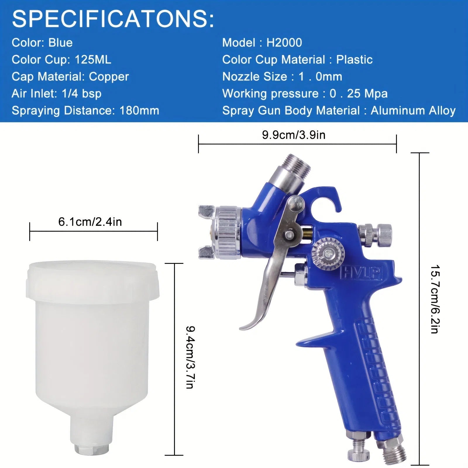 Mini pistol de vopsit HVLP pentru detalii auto, reparații punctuale, duză de 0,8 mm sau 1,0 mm, rezervor de 125 cc