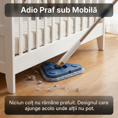 Mop Triunghiular Multifuncțional cu Cap Rotativ 360°, Microfibră, Mâner Extensibil din Oțel Inoxidabil, Sistem de Stoarcere Integrat, Albastru