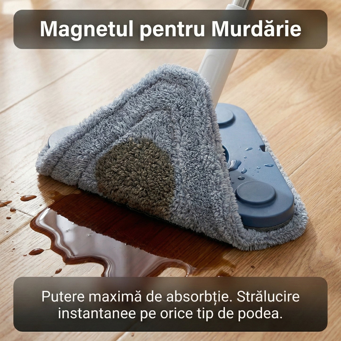 Mop Triunghiular Multifuncțional cu Cap Rotativ 360°, Microfibră, Mâner Extensibil din Oțel Inoxidabil, Sistem de Stoarcere Integrat, Albastru